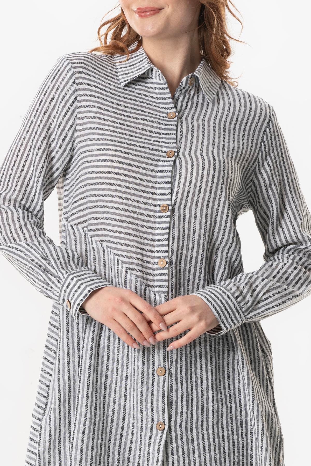 Uzun Kol Şile Bezi Erva Mevsimlik Gömlek Siyah Çizgili Syhbyz