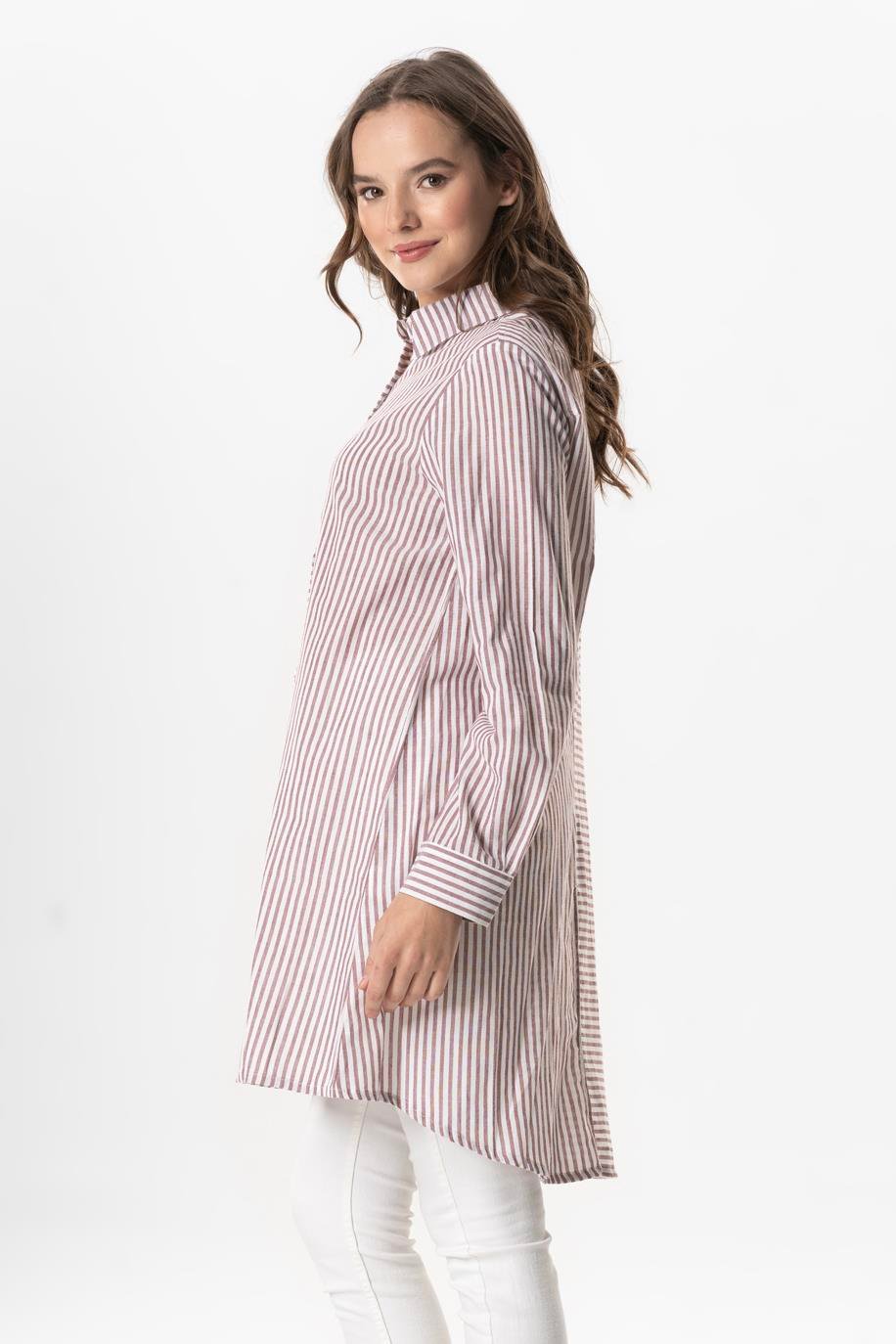 Uzun Kol Şile Bezi Erva Mevsimlik Gömlek Bordo Çizgili Brdbyz
