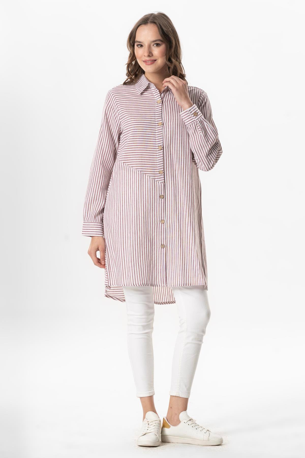 Uzun Kol Şile Bezi Erva Mevsimlik Gömlek Bordo Çizgili Brdbyz