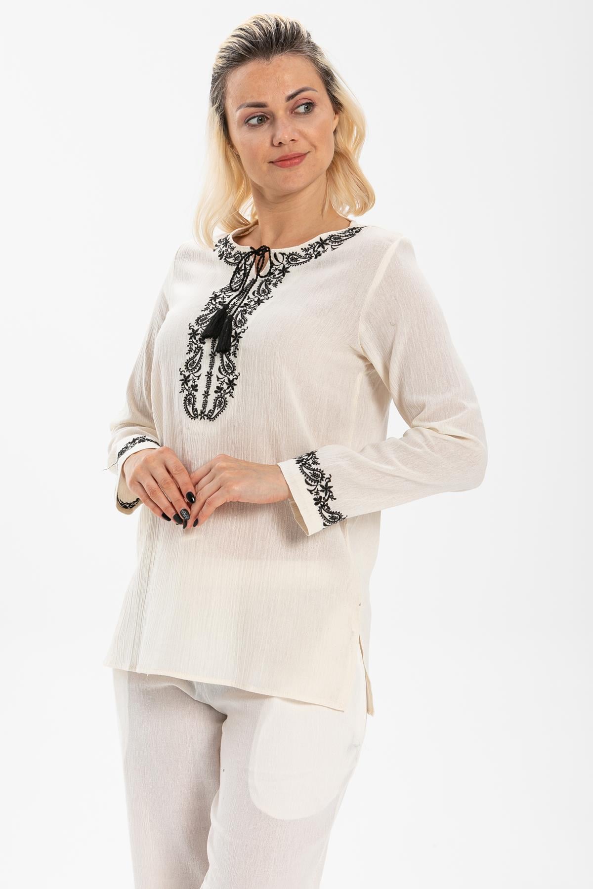 Uzun Kol Şile Bezi Feride Bluz Krem Krm