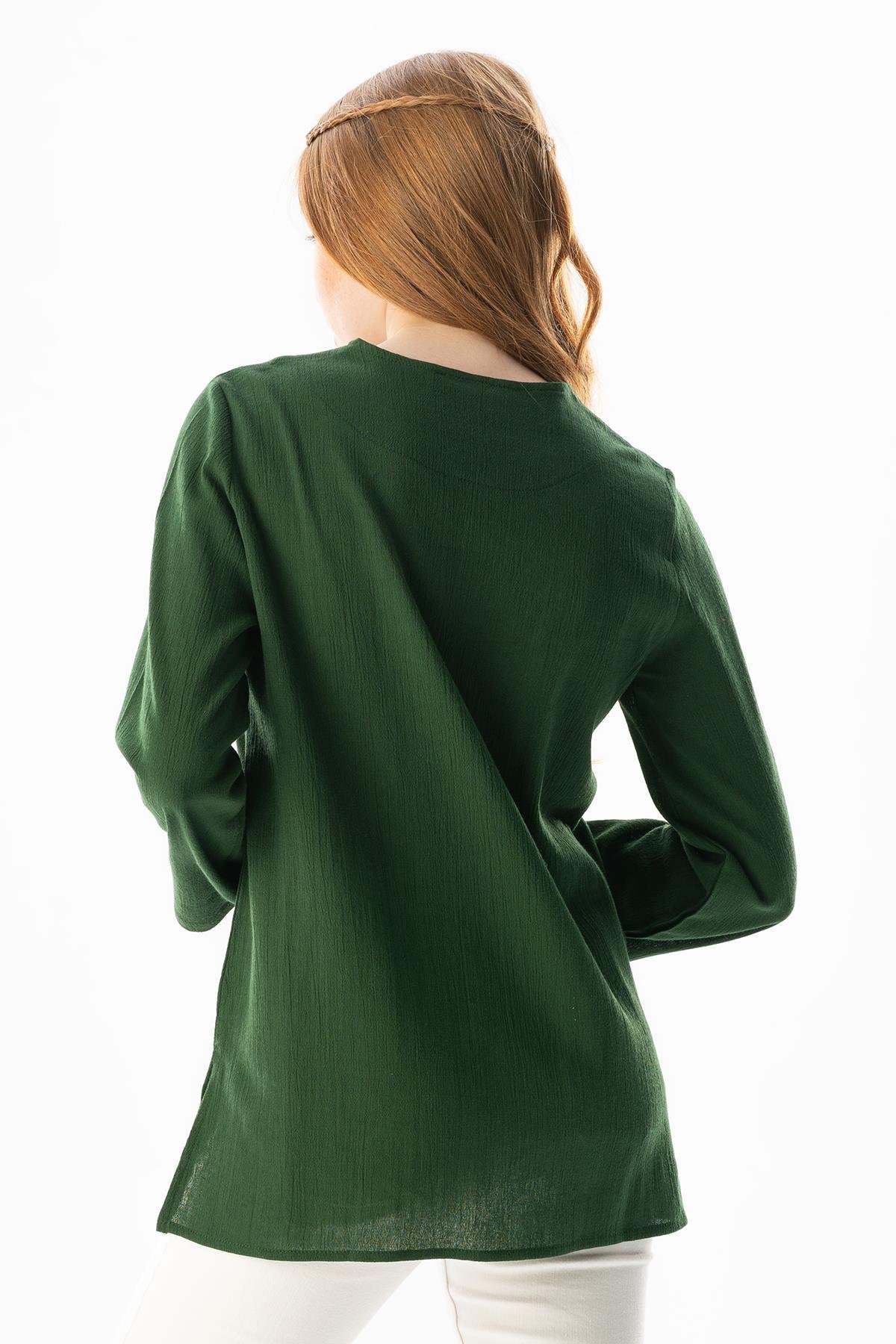 Uzun Kol Şile Bezi Gökkuşağı Nakış Detaylı Yazlık Bluz Yeşil Ysl