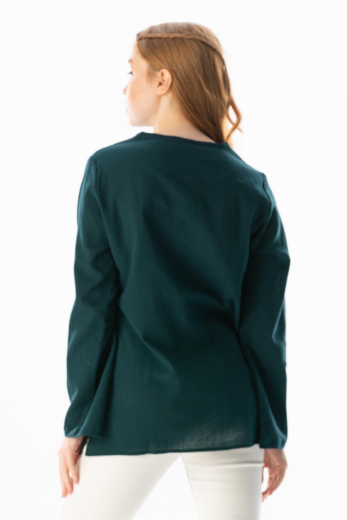 Uzun Kol Şile Bezi Gökkuşağı Nakış Detaylı Yazlık Bluz Petrol Ptrl