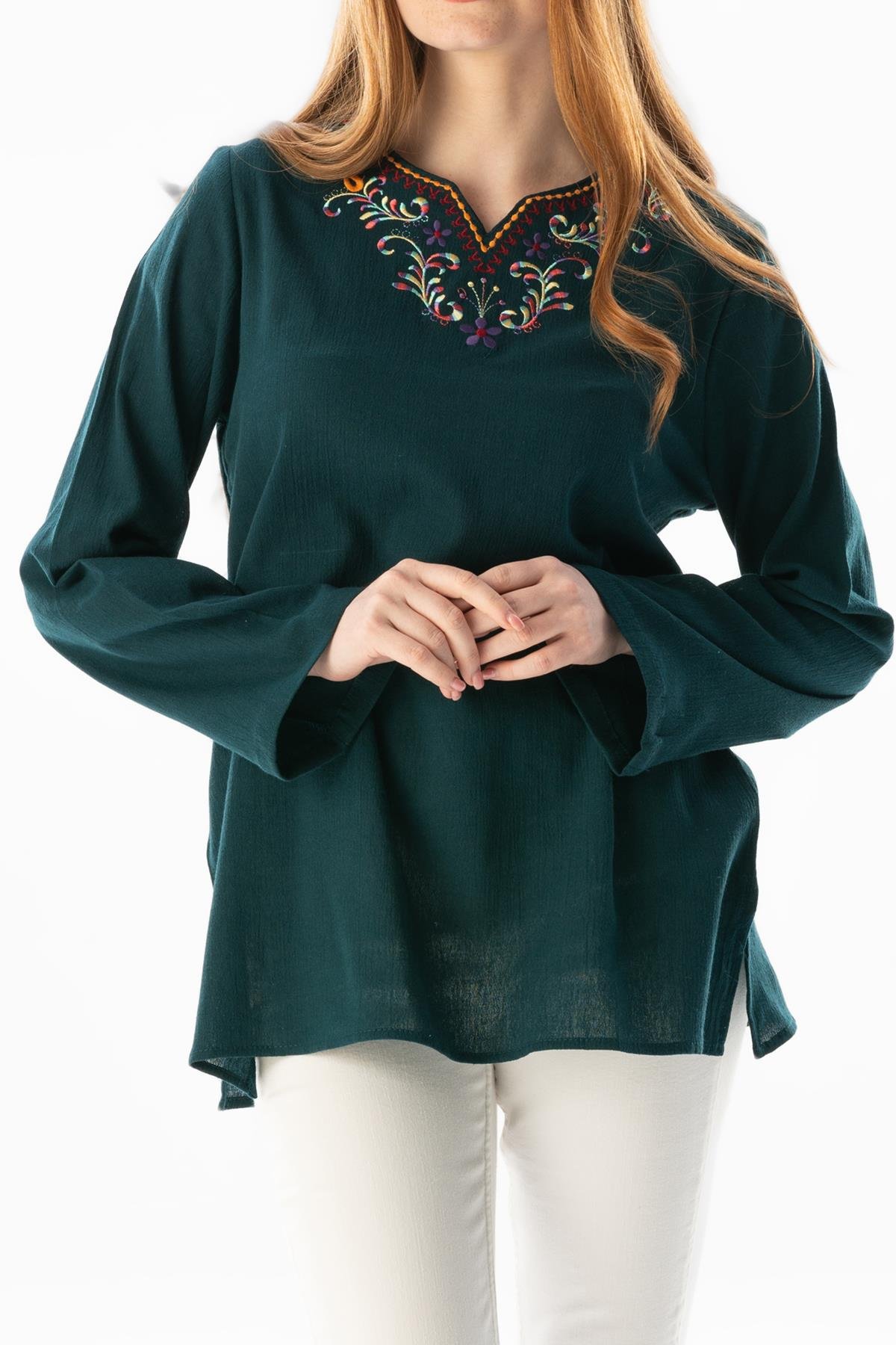 Uzun Kol Şile Bezi Gökkuşağı Nakış Detaylı Yazlık Bluz Petrol Ptrl