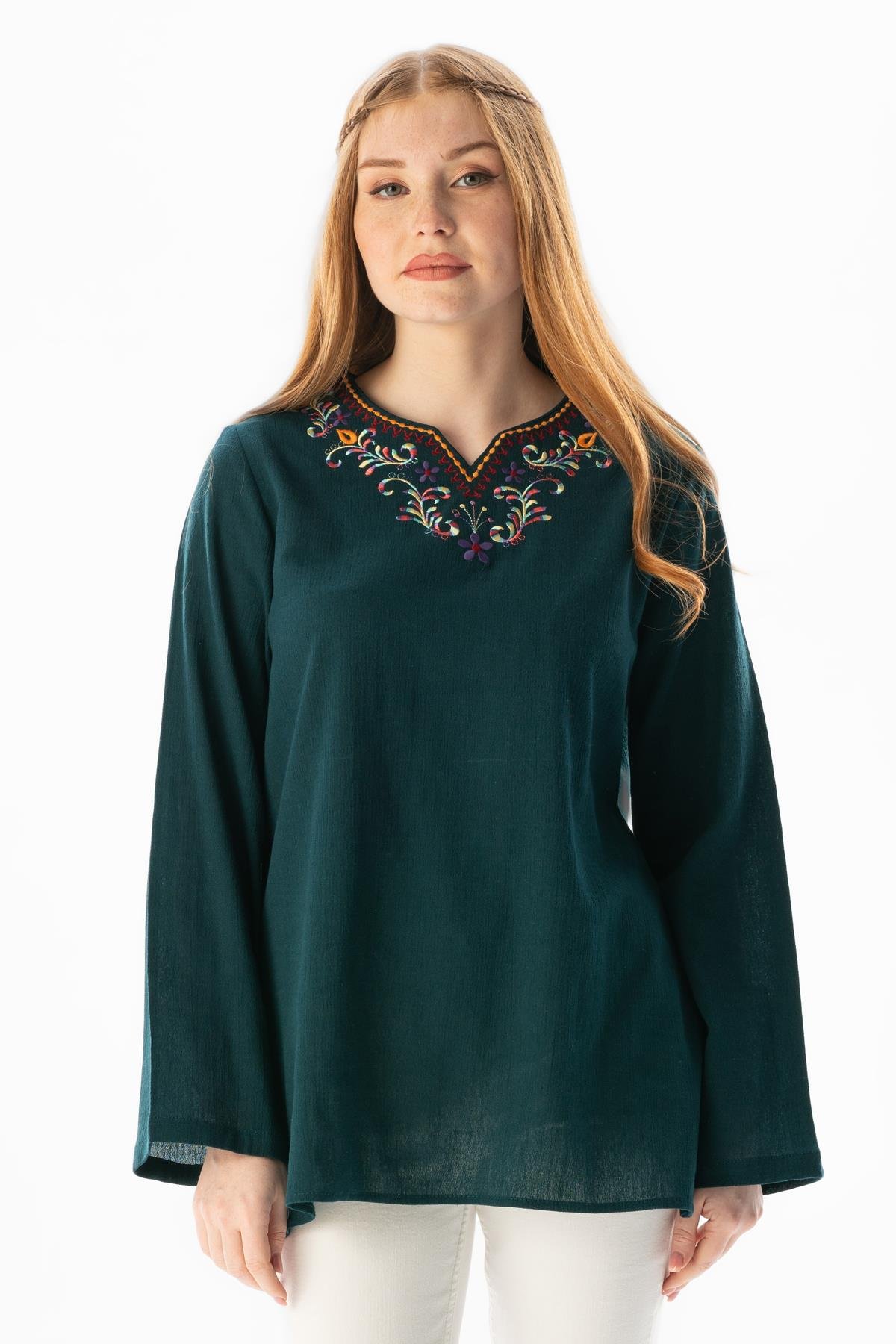 Uzun Kol Şile Bezi Gökkuşağı Nakış Detaylı Yazlık Bluz Petrol Ptrl