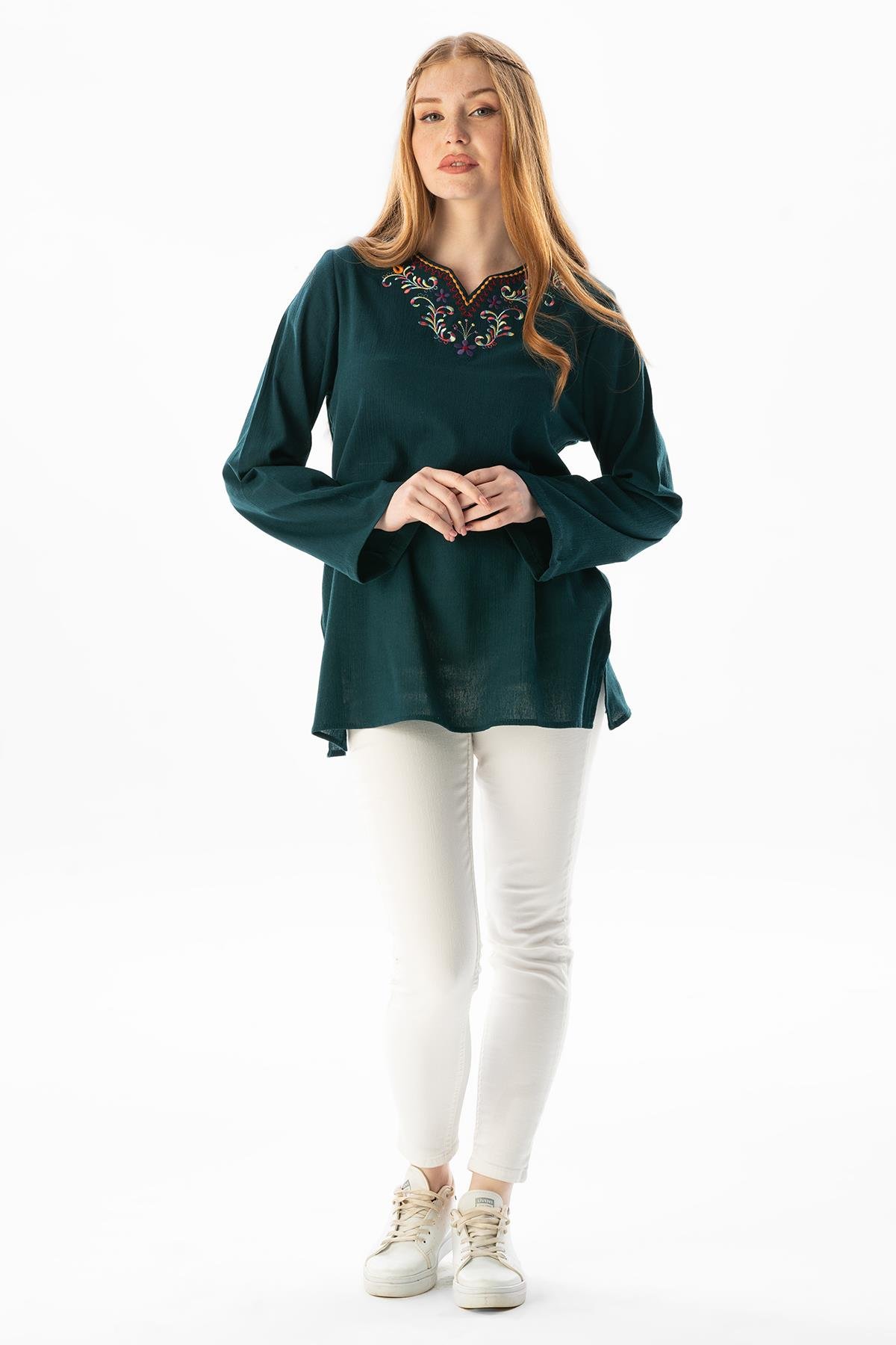 Uzun Kol Şile Bezi Gökkuşağı Nakış Detaylı Yazlık Bluz Petrol Ptrl