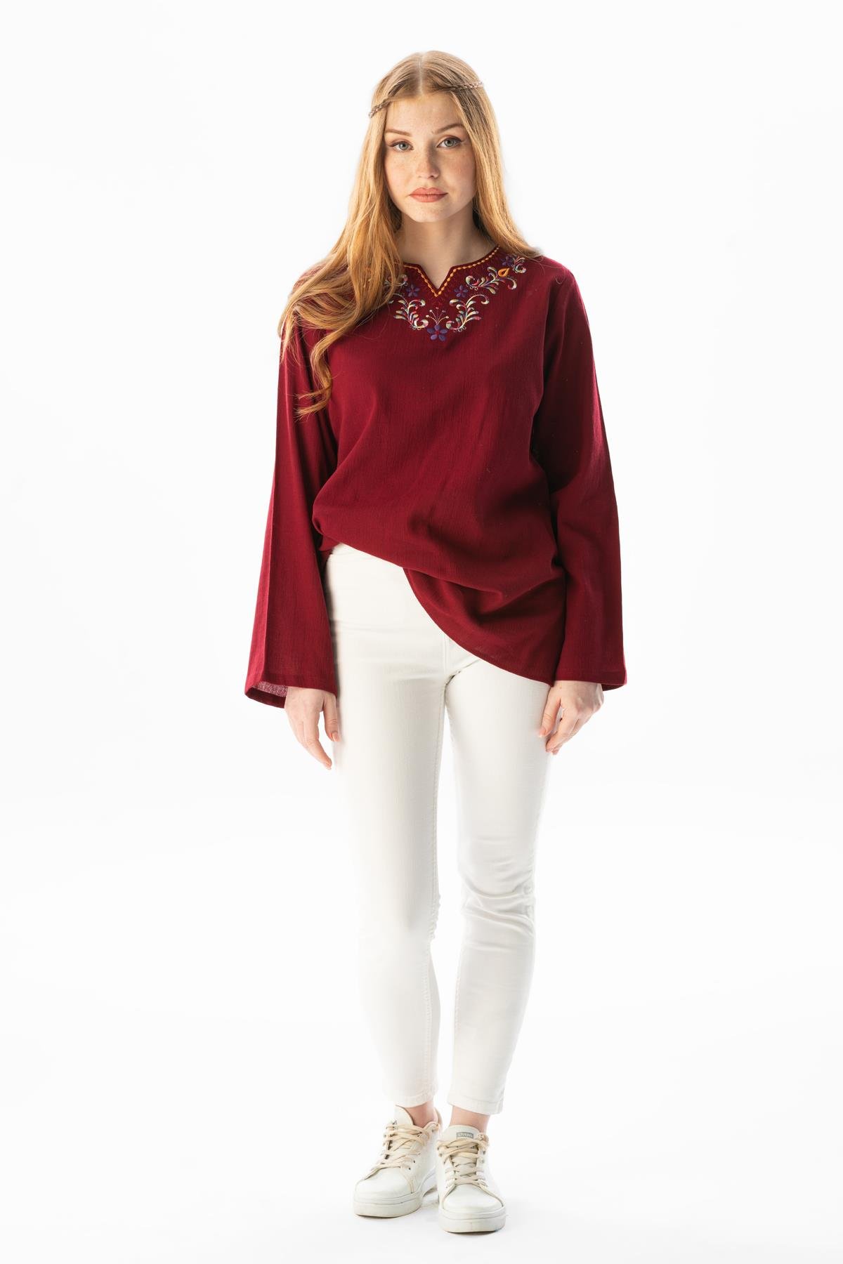 Uzun Kol Şile Bezi Gökkuşağı Nakış Detaylı Yazlık Bluz Bordo Brd
