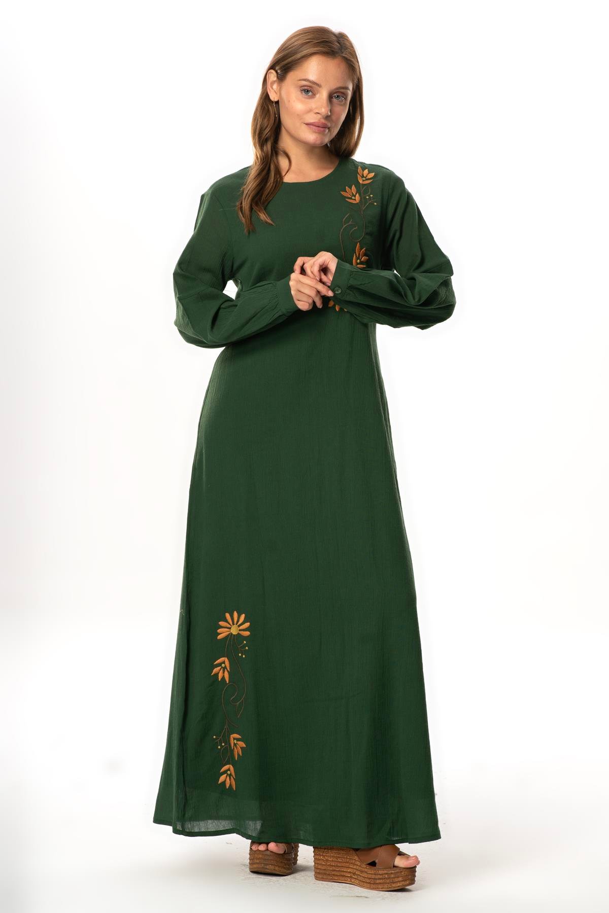 Uzun Kol Şile Bezi Gülşah Bisiklet Yaka Nakışlı Uzun Yazlık Elbise Yeşil Ysl