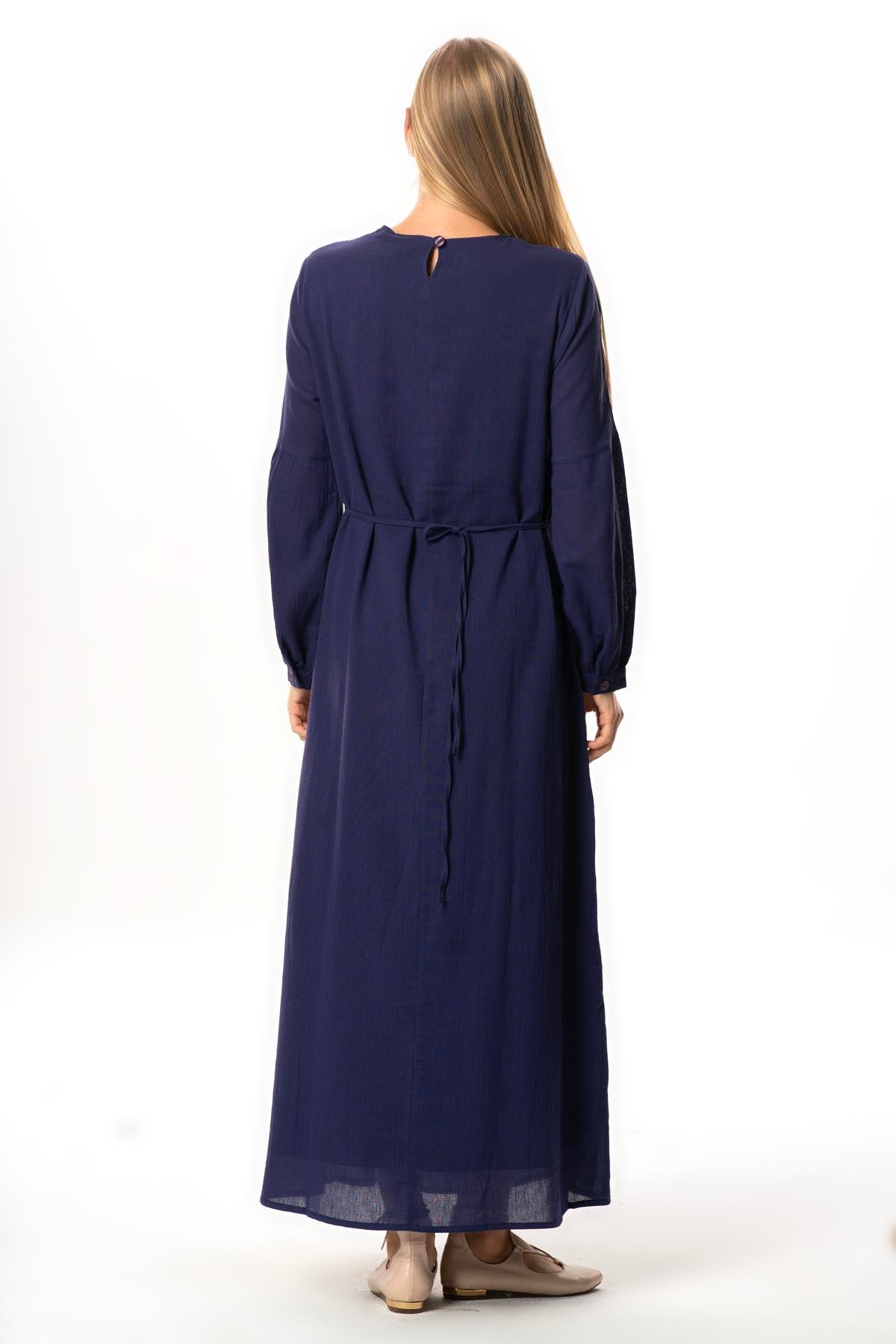 Uzun Kol Şile Bezi Gülşah Bisiklet Yaka Nakışlı Uzun Yazlık Elbise Mor Mor