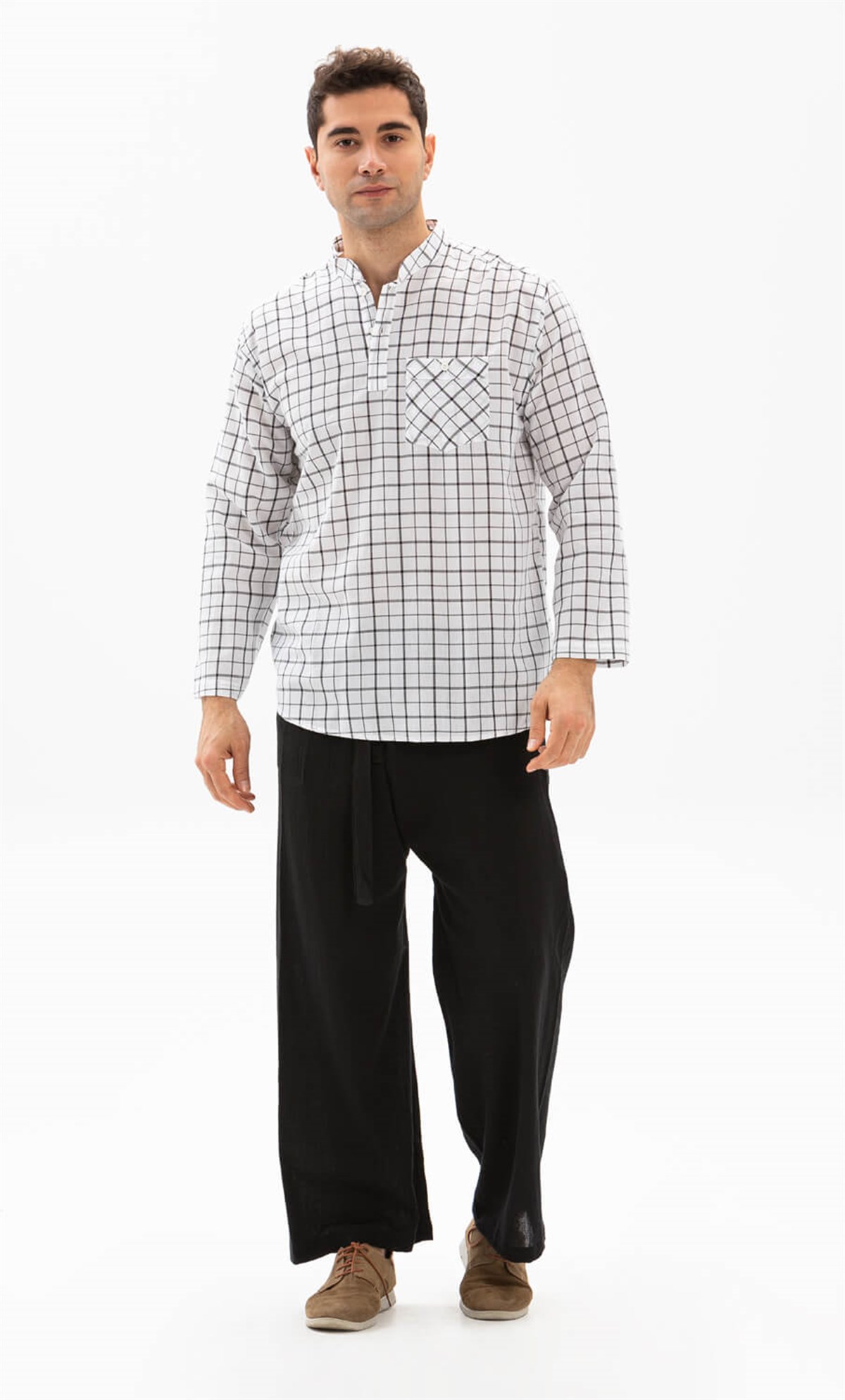 Uzun Kol Şile Bezi Hakim Yaka Erkek Tshirt Beyaz Kareli