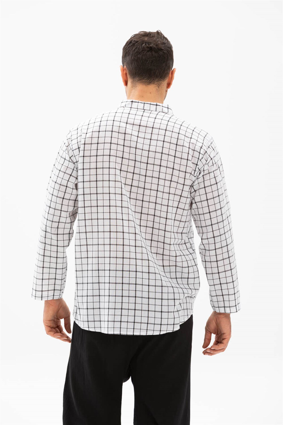 Uzun Kol Şile Bezi Hakim Yaka Erkek Tshirt Beyaz Kareli