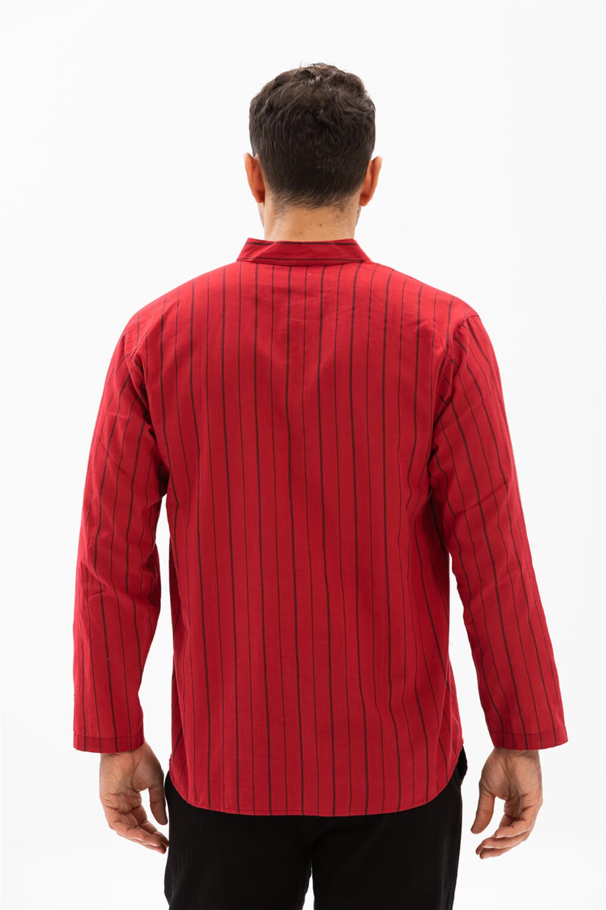Uzun Kol Şile Bezi Hakim Yaka Erkek Tshirt Kırmızı Siyah Çizgili