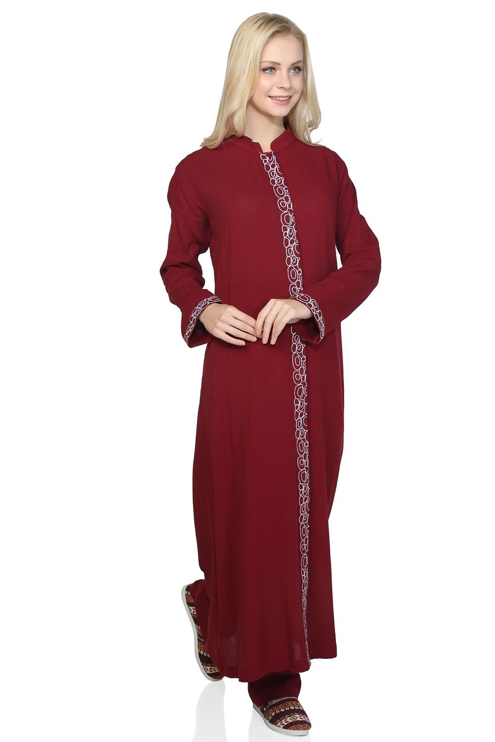 Uzun Kol Şile Bezi Hakim Yaka Halkalı Nakışlı Mevsimlik Uzun Ferace Bordo Brd