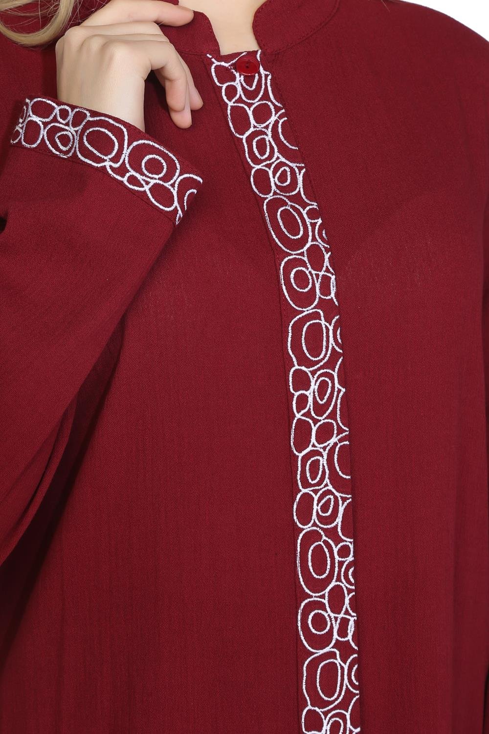 Uzun Kol Şile Bezi Hakim Yaka Halkalı Nakışlı Mevsimlik Uzun Ferace Bordo Brd