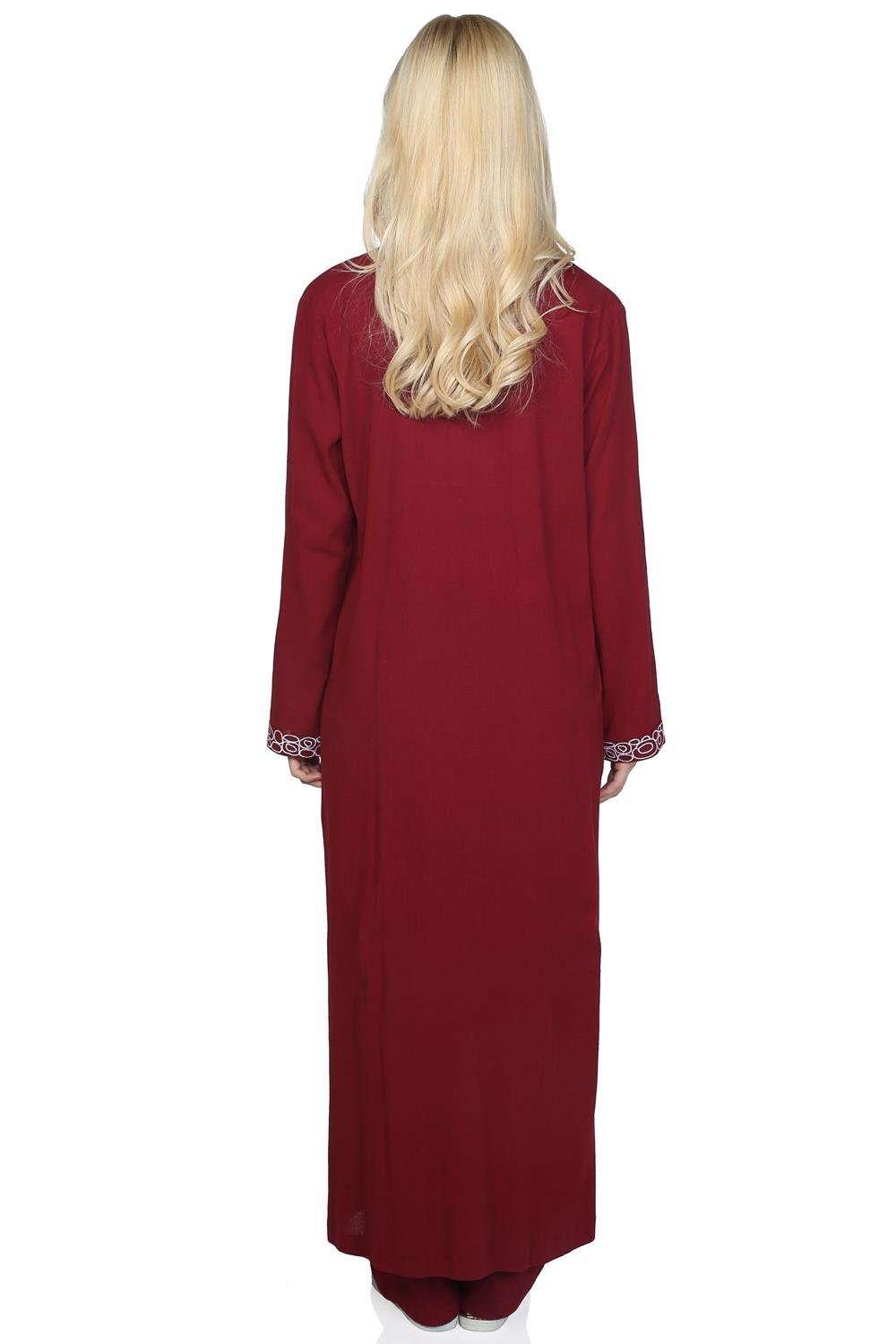 Uzun Kol Şile Bezi Hakim Yaka Halkalı Nakışlı Mevsimlik Uzun Ferace Bordo Brd
