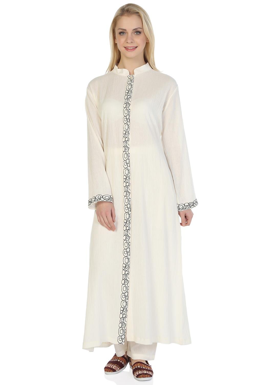 Uzun Kol Şile Bezi Hakim Yaka Halkalı Nakışlı Mevsimlik Uzun Ferace Krem Krm