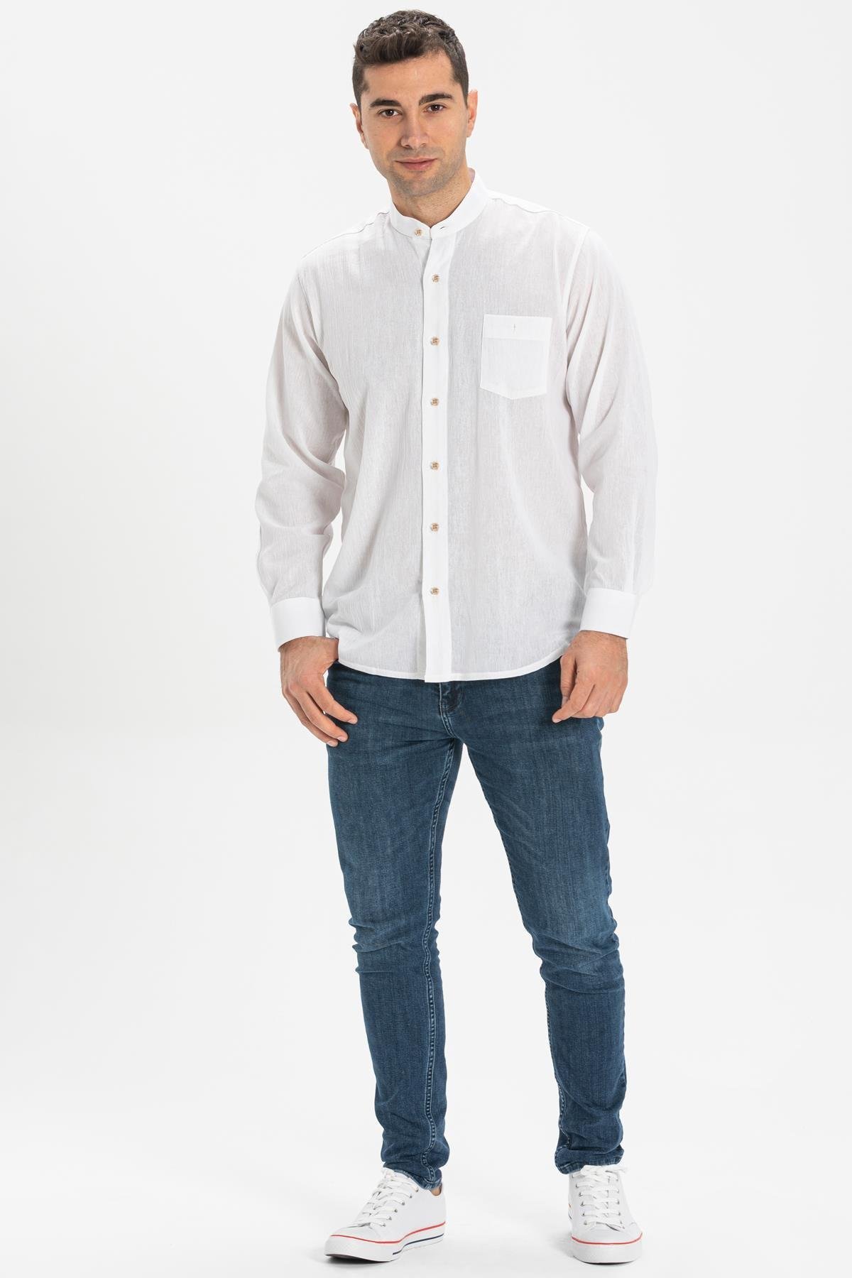 Long Sleeve Sile Fabric Judge  Collar Men Shirt White