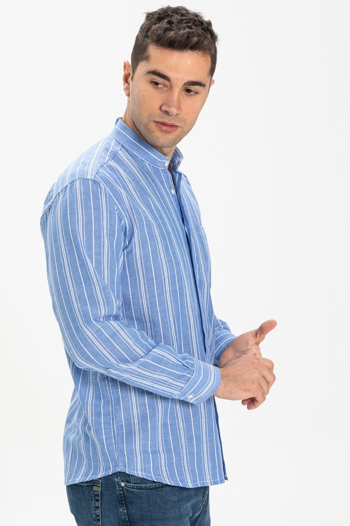 Long Sleeve Sile Fabric Judge Collar Men Shirt Blue White Striped