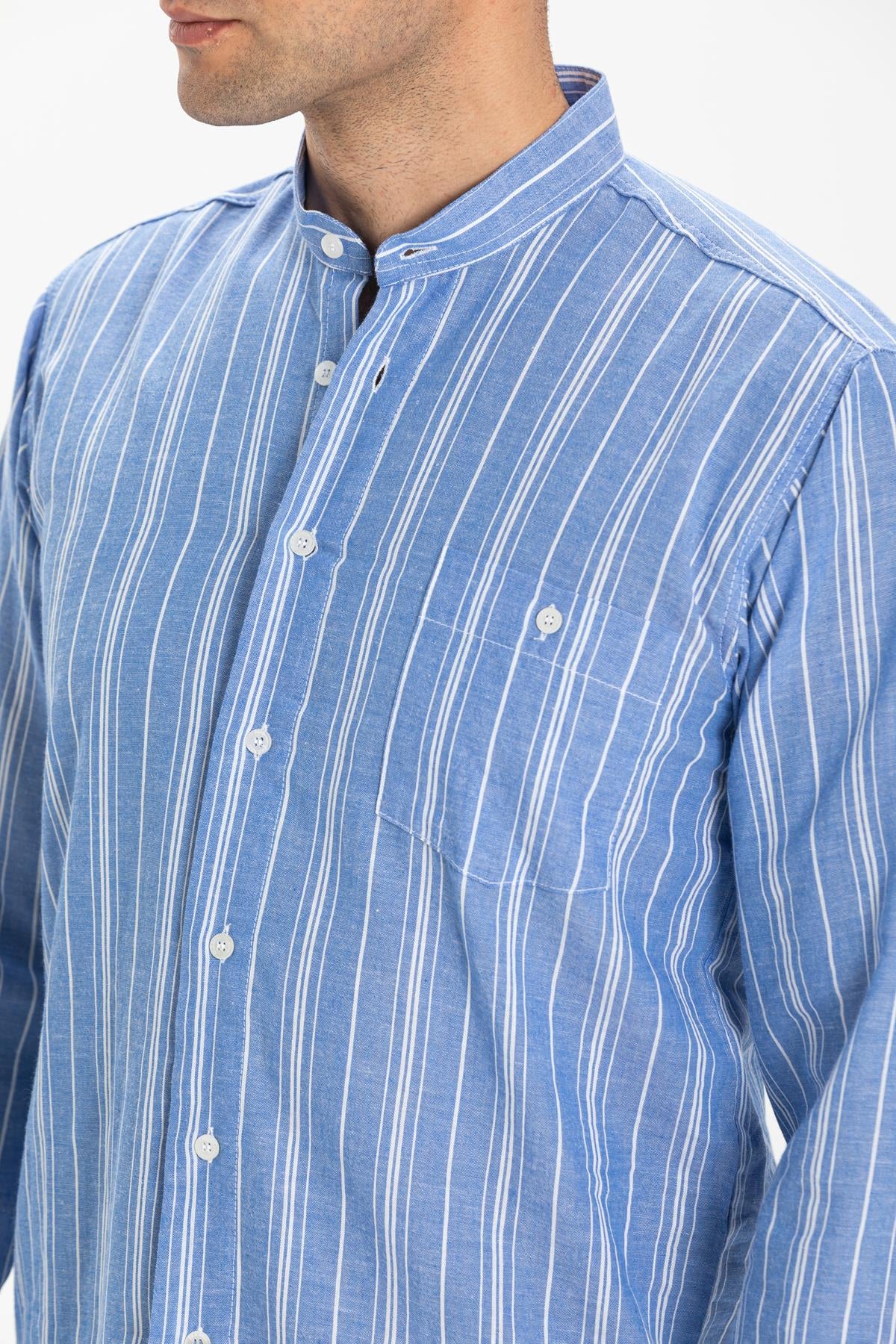 Long Sleeve Sile Fabric Judge Collar Men Shirt Blue White Striped