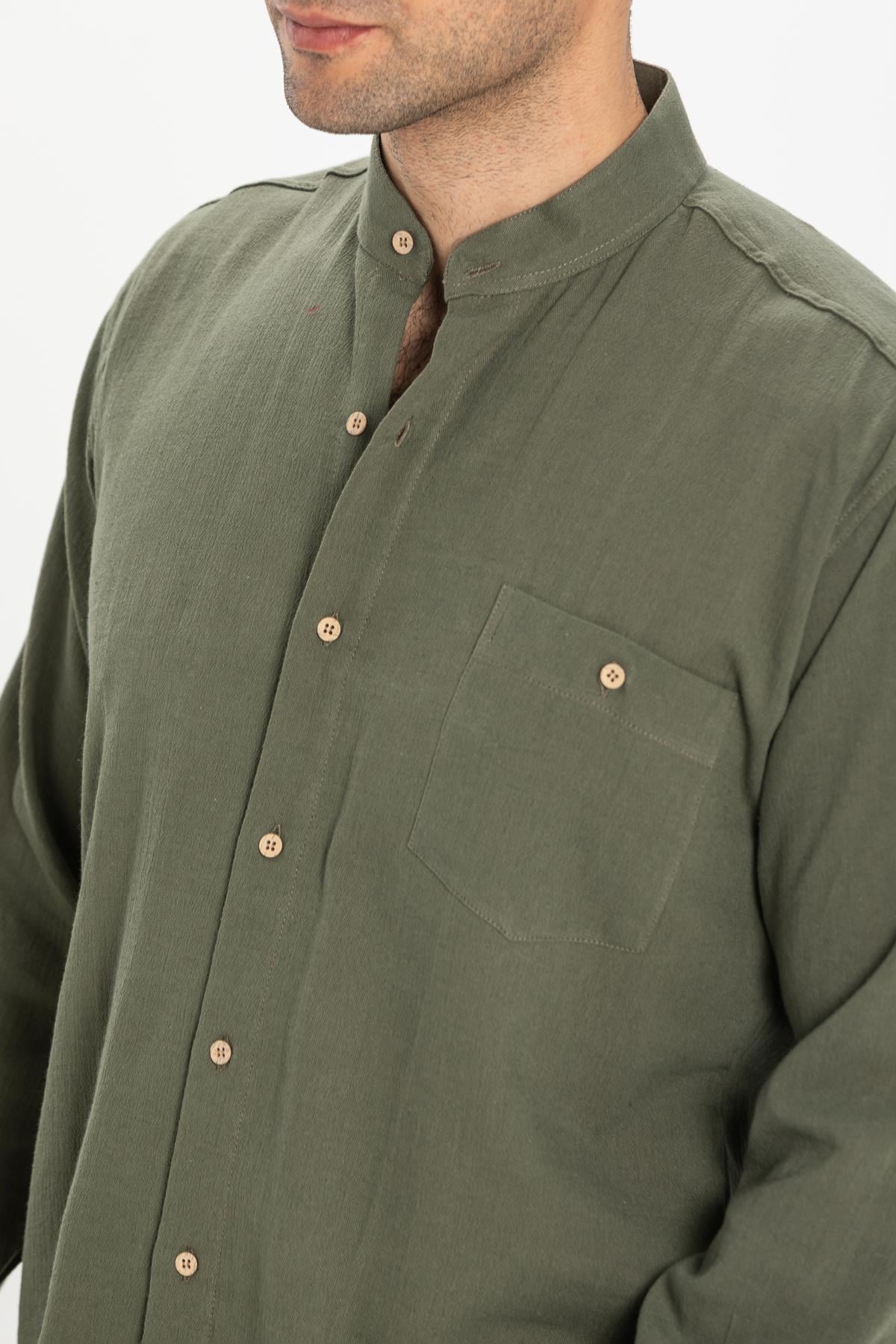 Long Sleeve Sile Fabric Judge Collar Men Shirt Khaki