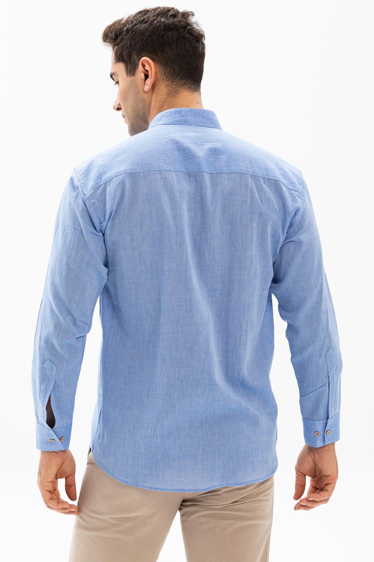 Uzun Kol Şile Bezi Hakim Yaka Tek Cepli Erkek Gömlek Mavi 3032