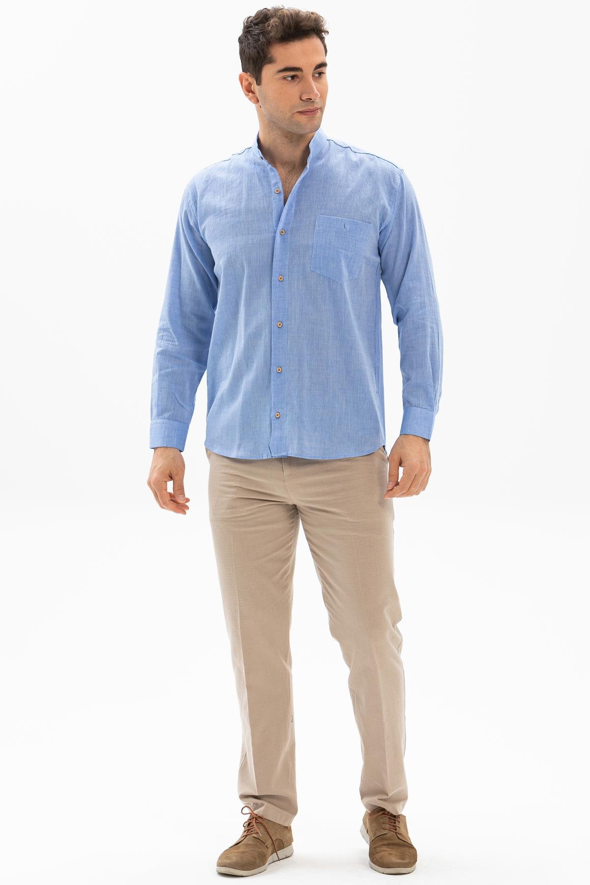 Uzun Kol Şile Bezi Hakim Yaka Tek Cepli Erkek Gömlek Mavi 3032