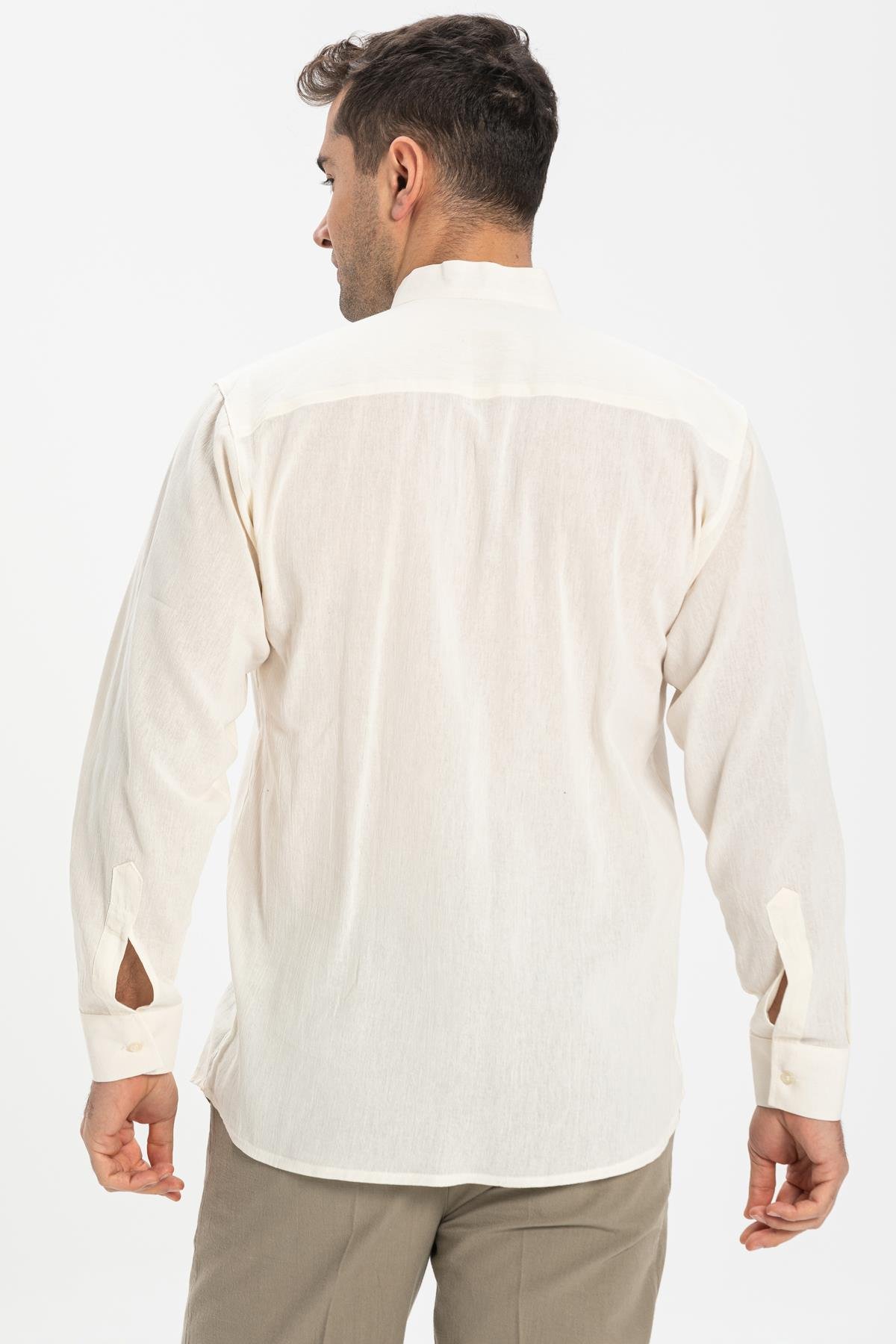 Uzun Kol Şile Bezi Hakim Yaka Tek Cepli Erkek Gömlek Krem 3002