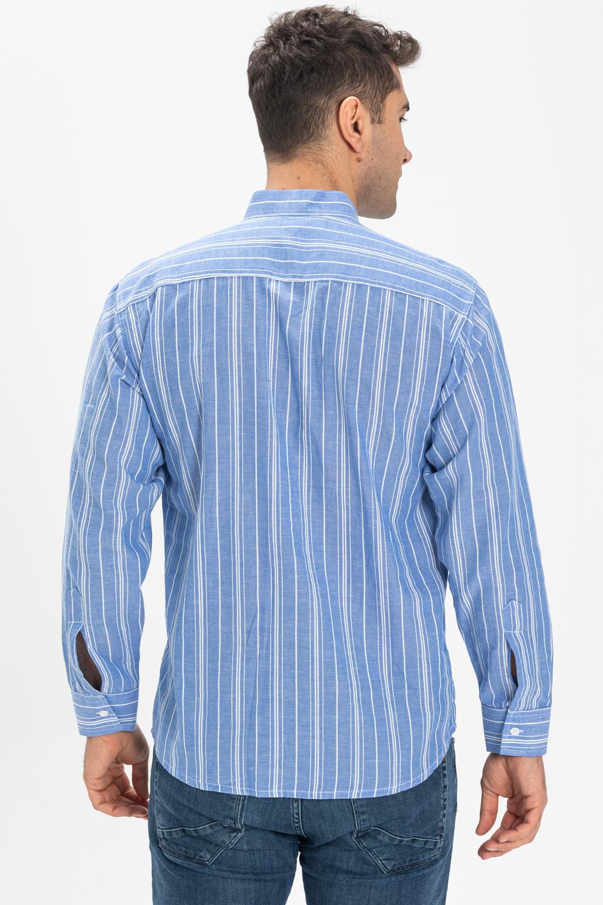 Long Sleeve Sile Fabric Judge Collar Men Shirt Blue White Striped