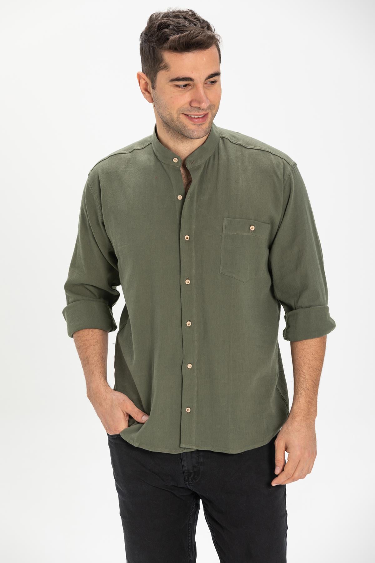 Long Sleeve Sile Fabric Judge Collar Men Shirt Khaki