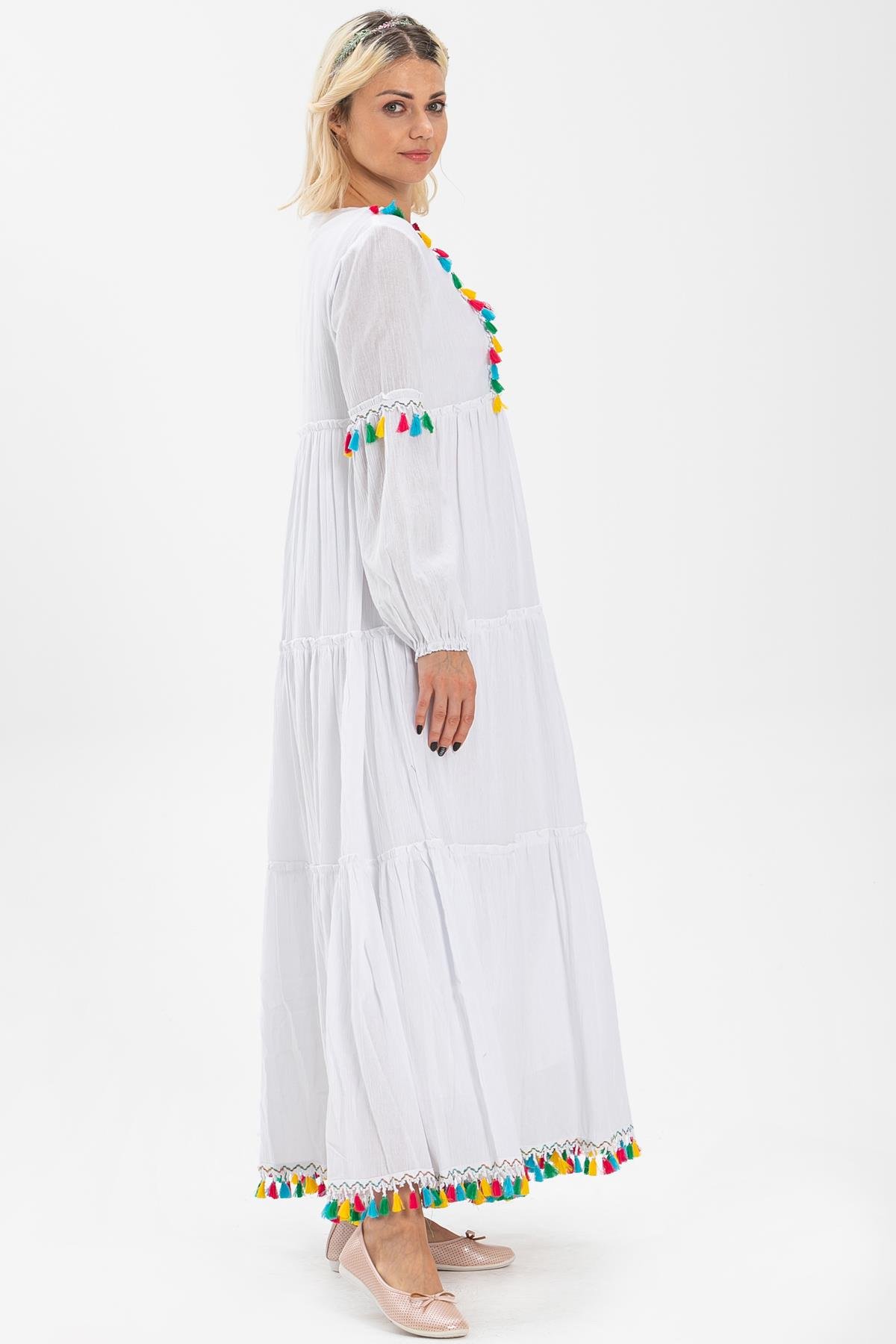 Uzun Kol Şile Bezi İffet Uzun Elbise Beyaz Byz