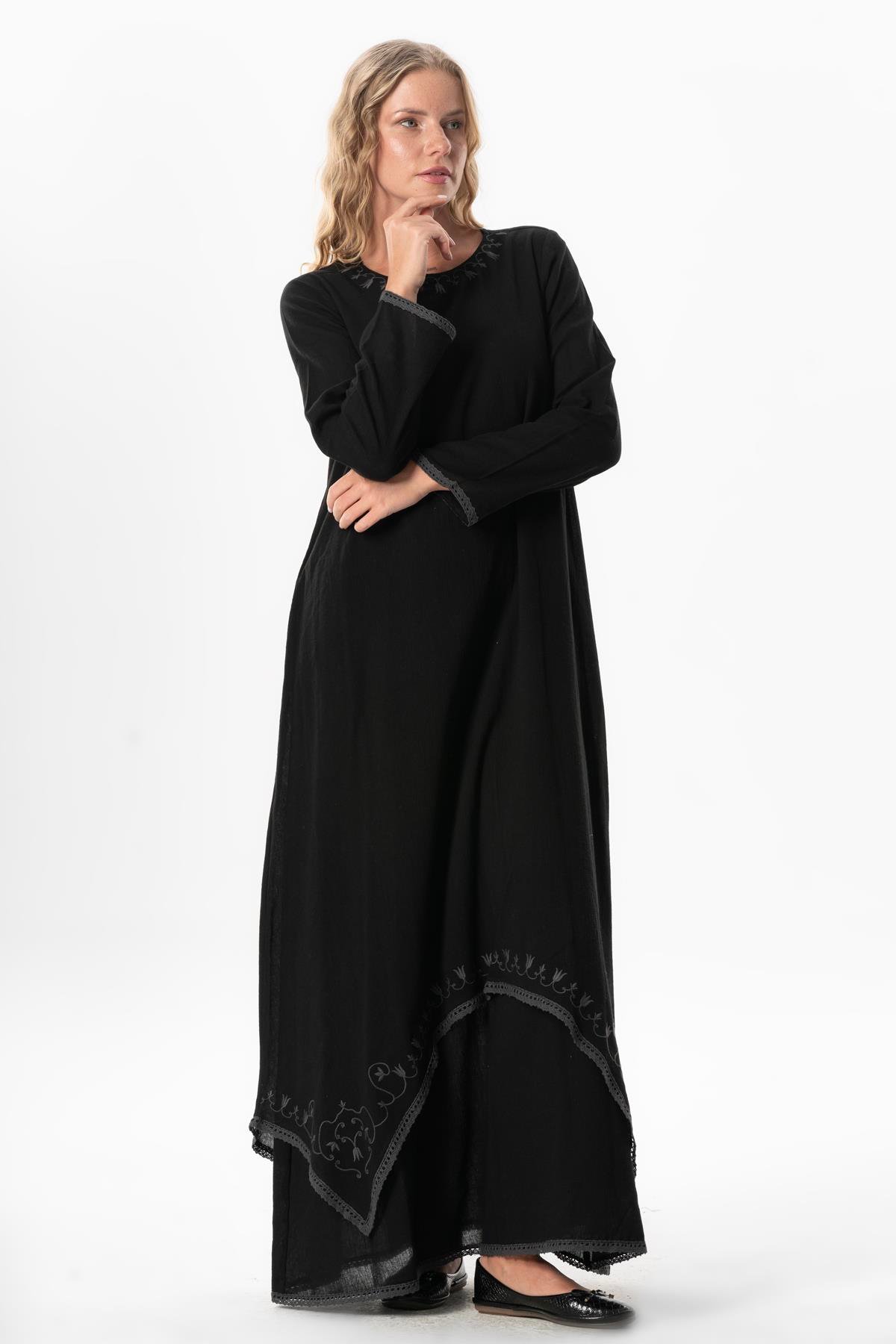 Uzun Kol Şile Bezi Lerzan Oval Yaka Nakışlı Yazlık Elbise Siyah Syh