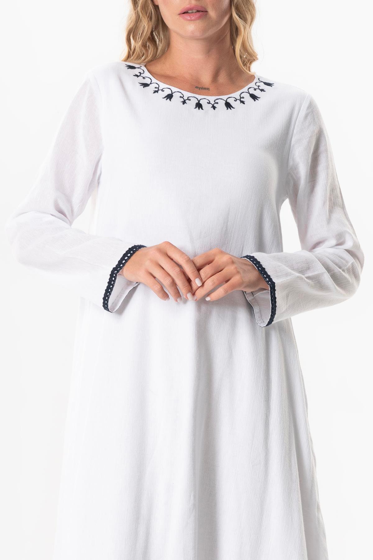 Uzun Kol Şile Bezi Lerzan Oval Yaka Nakışlı Yazlık Elbise Beyaz Byz
