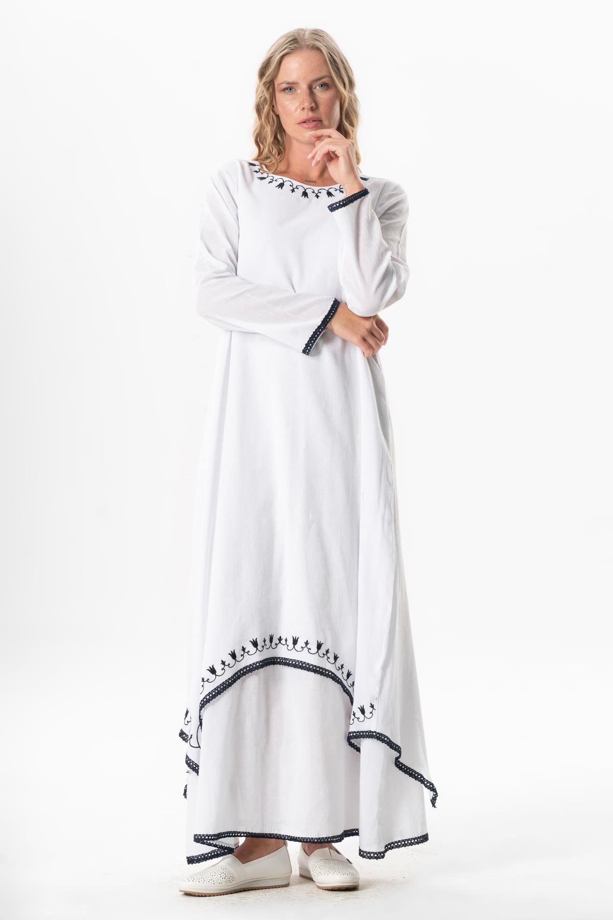 Uzun Kol Şile Bezi Lerzan Oval Yaka Nakışlı Yazlık Elbise Beyaz Byz