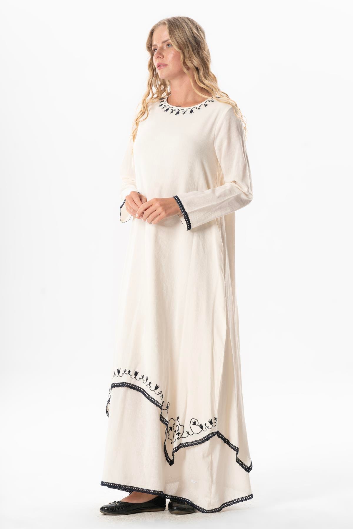 Uzun Kol Şile Bezi Lerzan Oval Yaka Nakışlı Yazlık Elbise Krem Krm