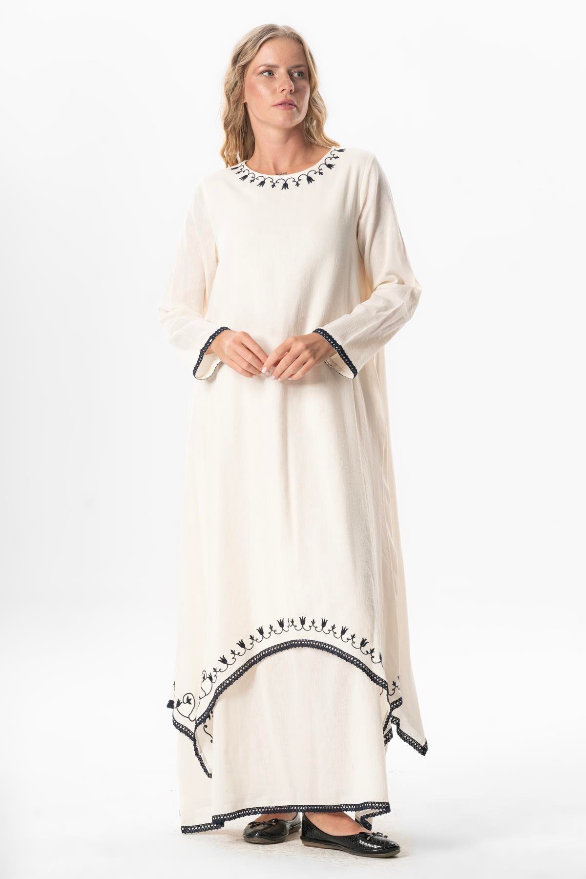 Uzun Kol Şile Bezi Lerzan Oval Yaka Nakışlı Yazlık Elbise Krem Krm