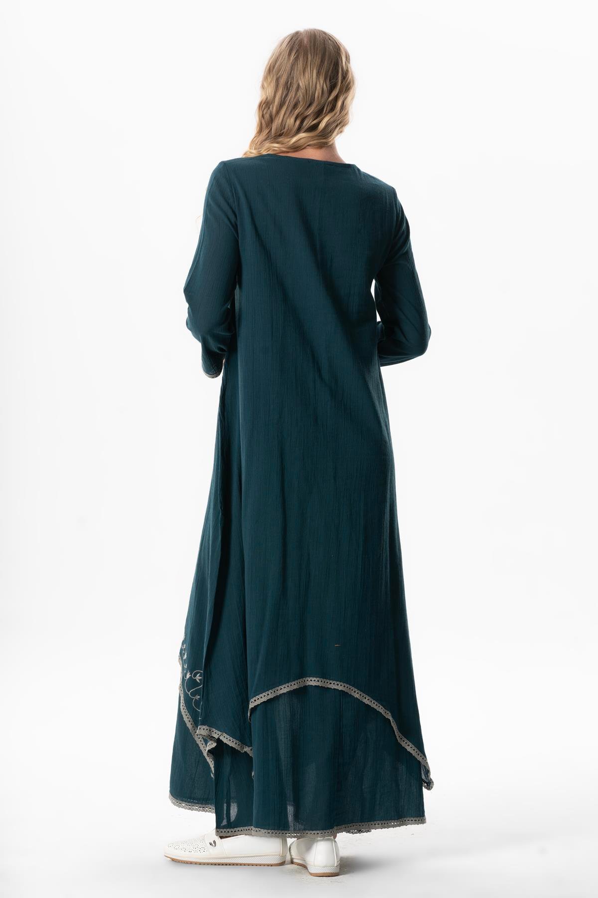 Uzun Kol Şile Bezi Lerzan Oval Yaka Nakışlı Yazlık Elbise Petrol Ptrl