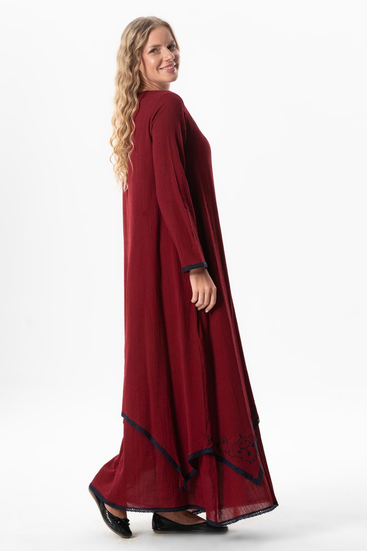 Uzun Kol Şile Bezi Lerzan Oval Yaka Nakışlı Yazlık Elbise Bordo Brd