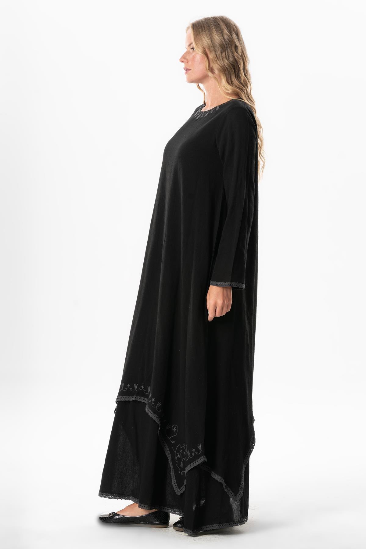 Uzun Kol Şile Bezi Lerzan Oval Yaka Nakışlı Yazlık Elbise Siyah Syh