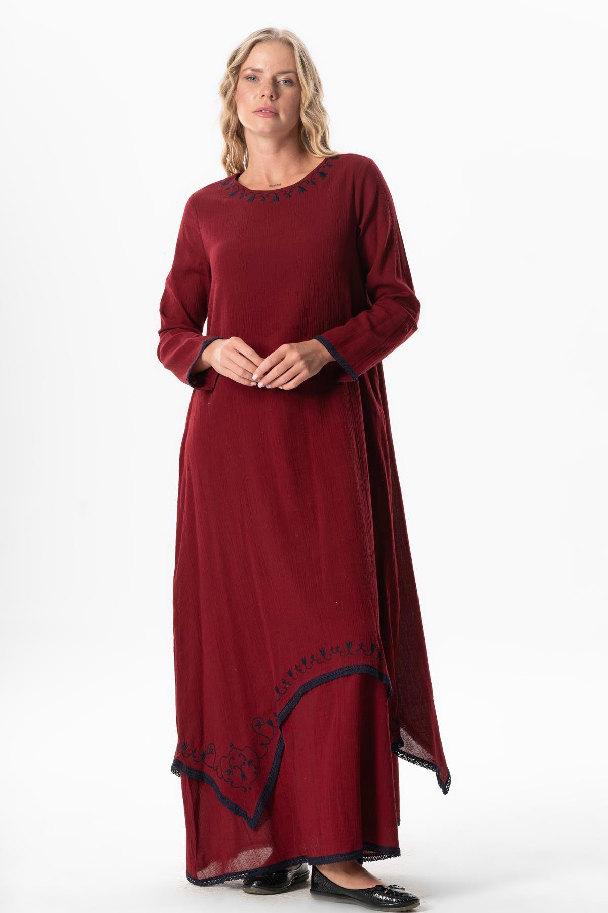 Uzun Kol Şile Bezi Lerzan Oval Yaka Nakışlı Yazlık Elbise Bordo Brd