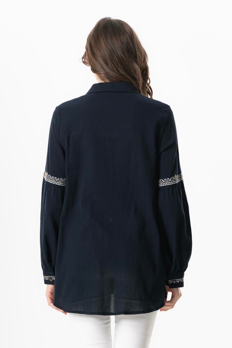 Uzun Kol Şile Bezi Maviş Nakış İşlemeli Yazlık Gömlek Lacivert Lcvt