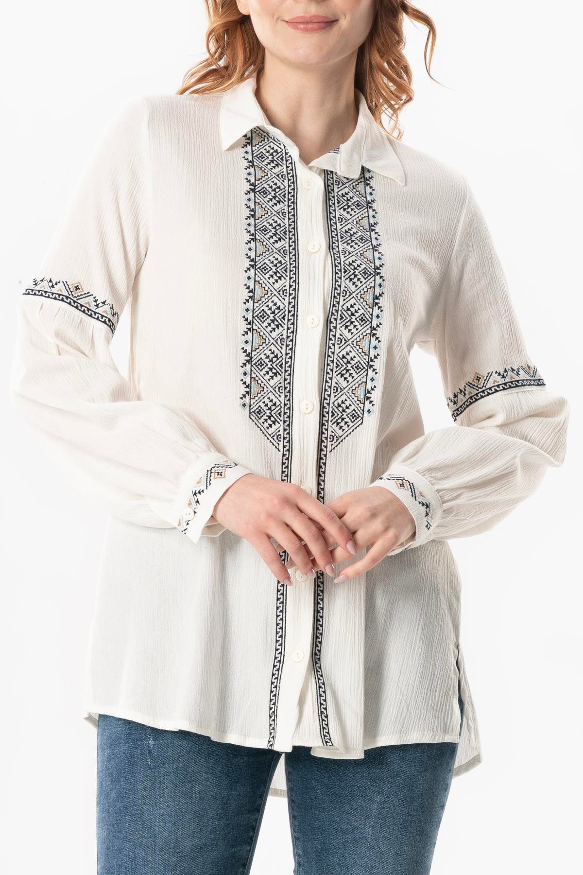 Long Sleeve Sile Cloth Maviş Embroidery Embroidered Summer Shirt Cream