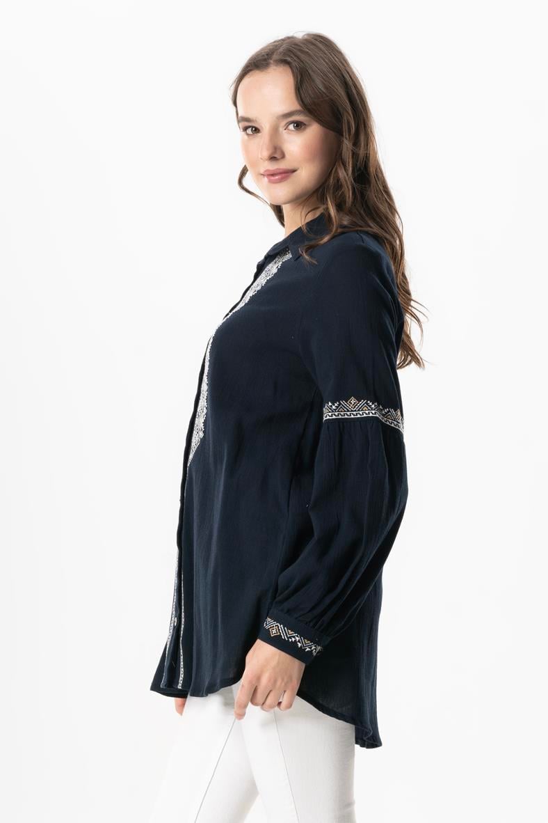 Uzun Kol Şile Bezi Maviş Nakış İşlemeli Yazlık Gömlek Lacivert Lcvt