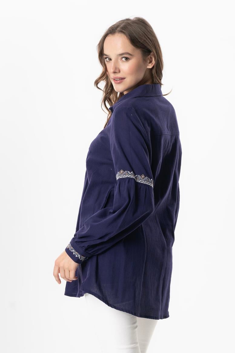 Uzun Kol Şile Bezi Maviş Nakış İşlemeli Yazlık Gömlek Mor Mor