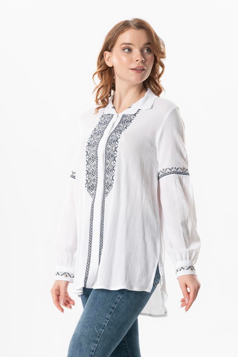 Uzun Kol Şile Bezi Maviş Nakış İşlemeli Yazlık Gömlek Beyaz Byz