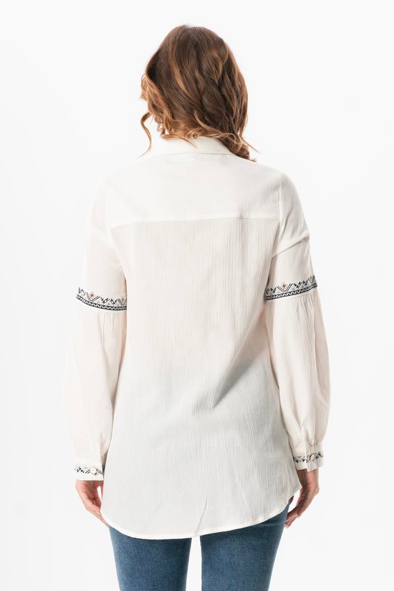 Long Sleeve Sile Cloth Maviş Embroidery Embroidered Summer Shirt Cream