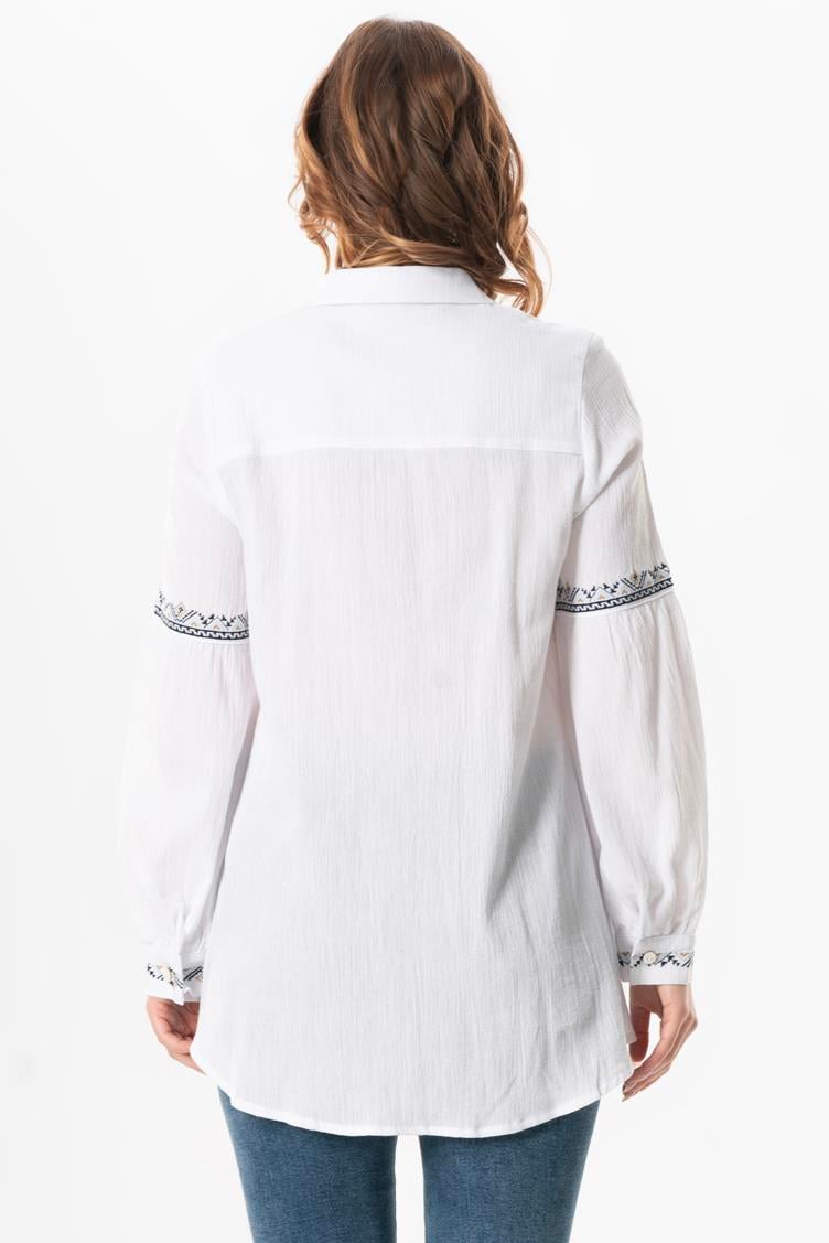 Uzun Kol Şile Bezi Maviş Nakış İşlemeli Yazlık Gömlek Beyaz Byz