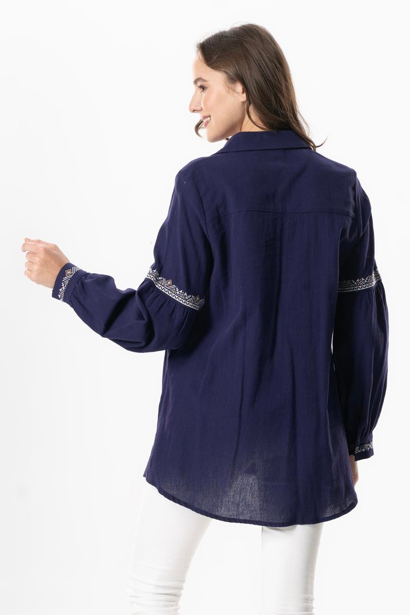 Uzun Kol Şile Bezi Maviş Nakış İşlemeli Yazlık Gömlek Mor Mor