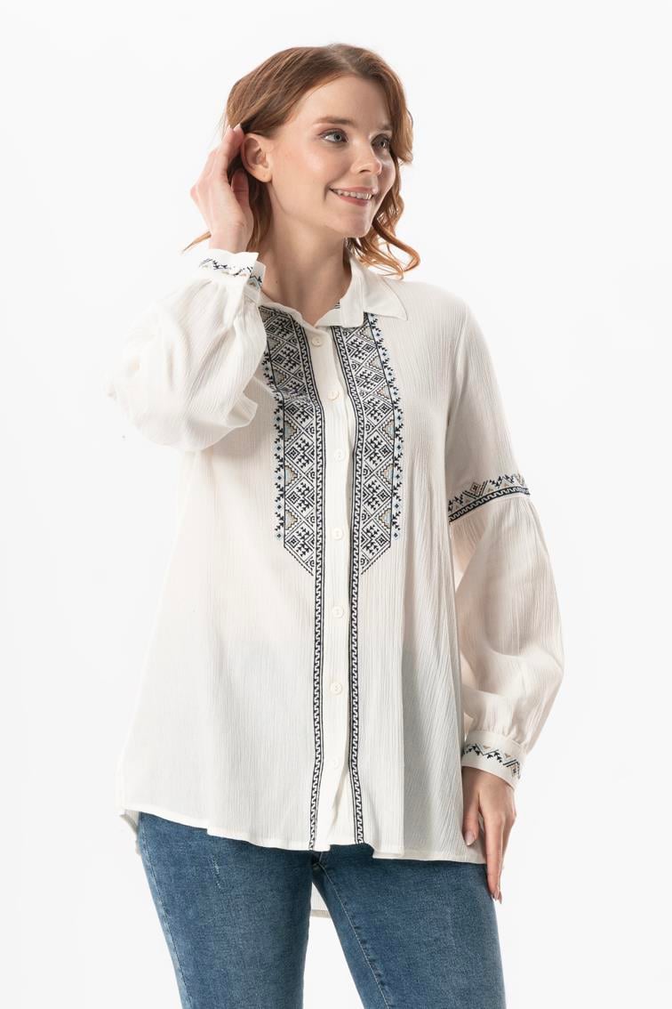Long Sleeve Sile Cloth Maviş Embroidery Embroidered Summer Shirt Cream