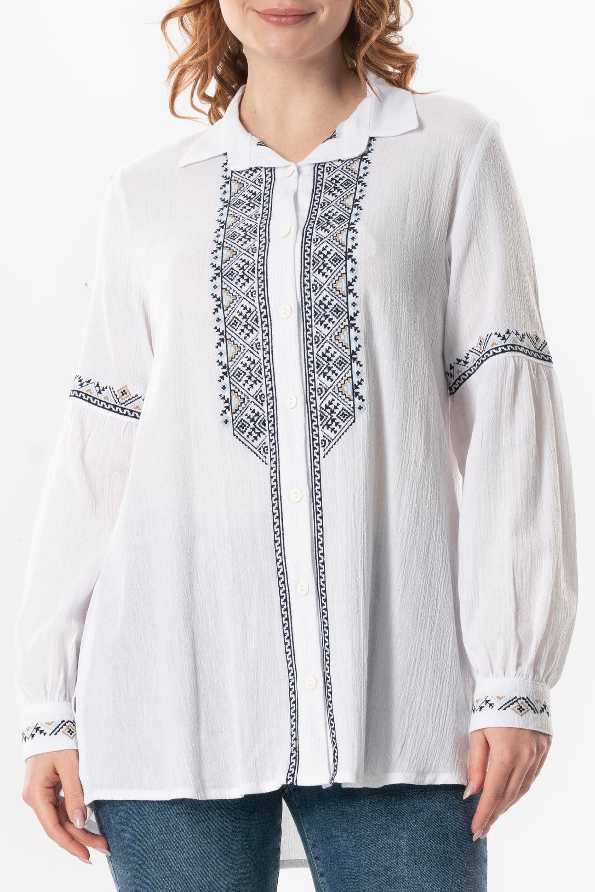Uzun Kol Şile Bezi Maviş Nakış İşlemeli Yazlık Gömlek Beyaz Byz