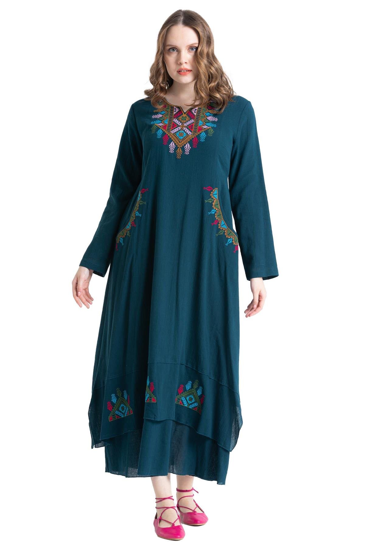 Uzun Kol Şile Bezi Nakışlı Antik Uzun Elbise Petrol Ptrl