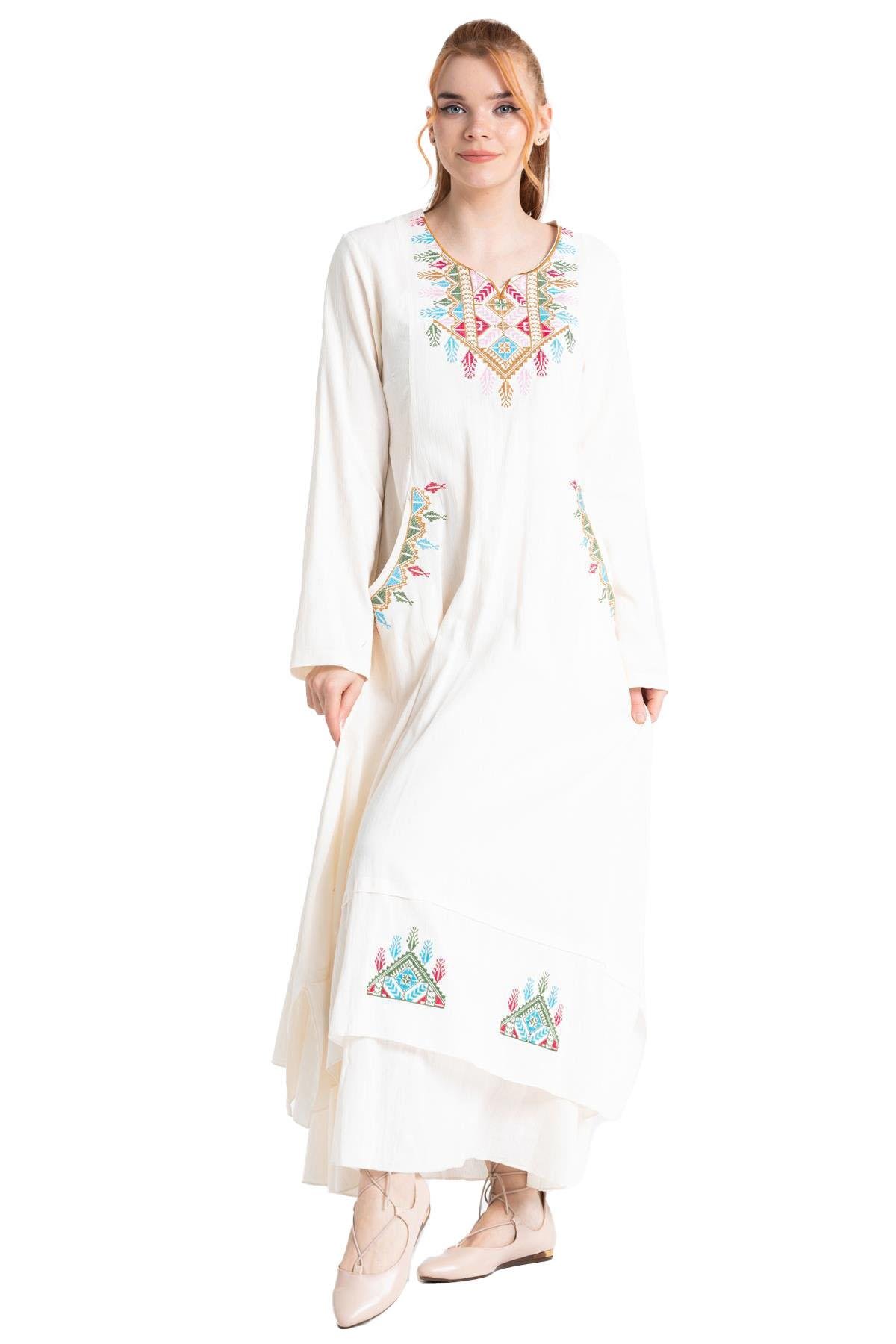 Uzun Kol Şile Bezi Nakışlı Antik Uzun Elbise Krem Krm